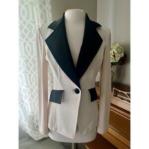 ST. JOHN Ivory Santana Knit Tuxedo Jacket, Black Silk Lapel, Size 6